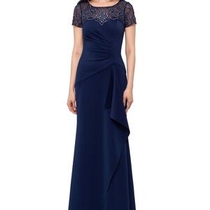 Xscape Long Round neck Dress with Ruching, Ruffles and Beading size 14